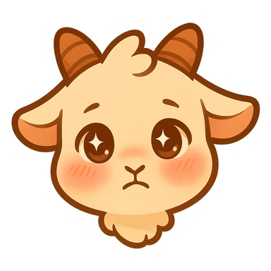 Edit the chibi goat head to have a shy and bashful expression with shining, sparkling eyes and a slight blush. Keep the simple, clean chibi stickers style and maintain a white background. Designed for a small emote. sticker