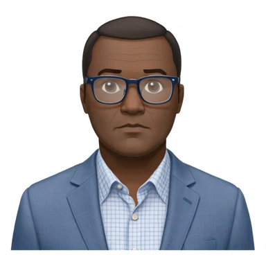 Larger 50-year-old man with extremely wide square face and prominent jawline. Full head of short straight dark hair with some gray, combed neatly to the side. Large dark square-framed glasses. Serious expression. Wearing a light gray blazer over a white button-up shirt with blue checkered pattern. sticker