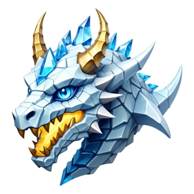 This extraordinary hybrid creature combines the elemental power of an ice dragon with the raw physical might of a stone golem. Its core body resembles a cluster of angular, faceted stones that have been infused with magical ice energy. The creature's head features a draconic shape with curved horns and piercing amber-gold eyes, but parts of its face retain the jagged stone texture. Blue-white energy flows between the rock segments, creating glowing lines throughout its body. The creature has developed partial wings made of crystalline ice formations extending from its rocky frame, and its tail alternates between stone segments and ice spikes. Sharp teeth line its mouth, some appearing as polished stone, others as ice crystals. Frost continuously emanates from its body, and when it moves, it creates a distinctive sound of grinding stone and crackling ice. sticker