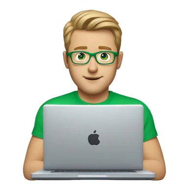 white man with blue eyes and light brown hair and square glasses wearing green t-shirt using laptop sticker