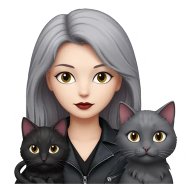 femme aux yeux gris, cheveux court bordeaux avec cuir noir, accompagné d'un chat poils longs gris clair et d'un chat poils ras noirs sticker