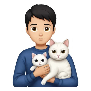 A handsome boy with black hair wearing a sweater is holding a white cat sticker