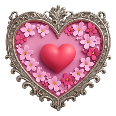 Make the silver accents and details extremely prominent and abundant on the heart with sakura, 3D emoji style, no background. sticker