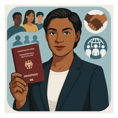 realistic style portrait of a confident person with a German passport and integration motifs, modern and official, app icon sticker