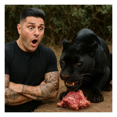 Create a realistic scene featuring a man with facial features and expression similar to the person in the reference photo, looking surprised. The man is standing next to a panther, watching the panther eat. The scene should be educational and respectful, depicting the natural behavior of the panther in a realistic style. sticker