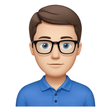 Scott The WozYoung white man, late 20s, short brown hair, blue eyes, clean-shaven, thin black rectangular glasses, slim build, wearing a blue polo shirt, friendly and energetic look. sticker