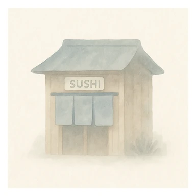 sushi house, small wooden building, noren curtain, soft watercolor style sticker