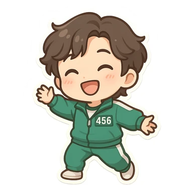 Player 456 from Squid Game, stylized as a chibi character, green tracksuit, number 456 visible, cheerful expression sticker