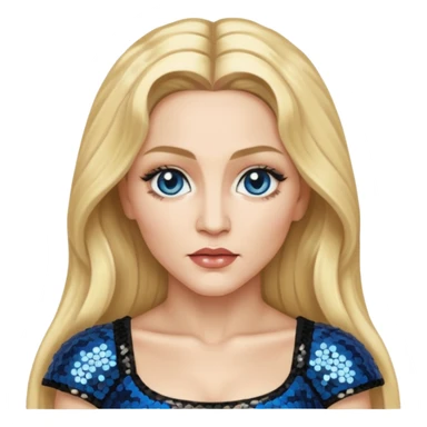 Madonna with blonde long hair, black sequin crop top, blue eye sticker