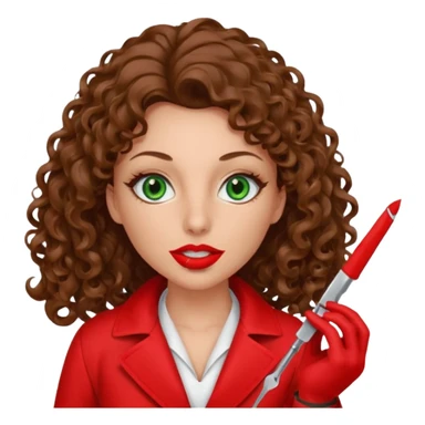 Lilith symbol sexy evil woman. She has green eyes.  had brown long curly hair.  evil surgeon kills with scalpel wears red sexy doctor coat with red mouth cover red gloves. Covers nose, neck  and mouth with Muslim red berka sticker