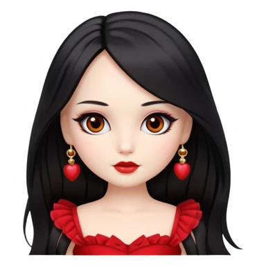 fair skin, long black straight hair, brown eyes, doll-like make up, wearing a red coquette dress, close up sticker