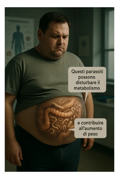 cinematic photo an overweight man is shown with a semi-transparent abdomen, highlighting the intestines filled with various types of parasites (such as worms or protozoa). Educational callouts explain how these parasites can disrupt metabolism and contribute to weight gain. The setting is a medical office, with charts and diagrams in the background. in italiano sticker