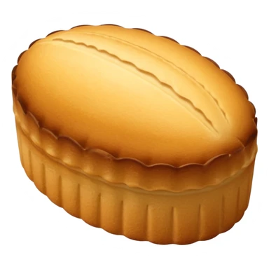 A madeleine pastry. Oval shaped with vertical lines going in the same direction as the oval. Light golden brown. Scalloped edge. Cookie. Stretched out oval sticker