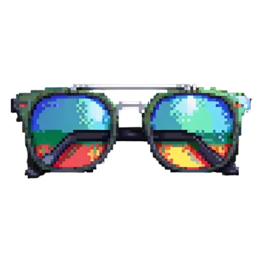 Y2K style pixelated sunglasses with reflective lenses, chrome frames, digital millennium aesthetic sticker