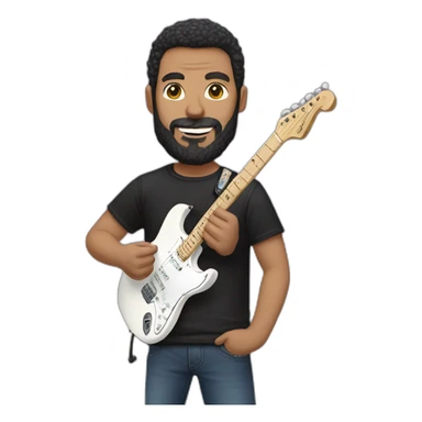 white man with dark beard and black t shirt and pastel pink stratocaster electric guitar sticker