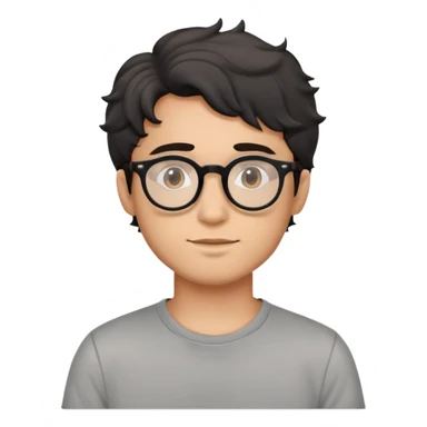 Young man with black wavy hair, round glasses, casual grey t-shirt sticker