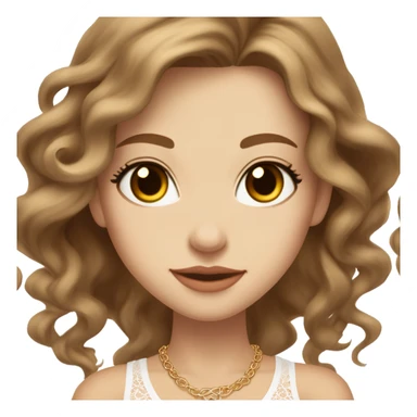 fair-skinned girl with light brown, almond-shaped eyes and long lashes. long, light brown hair styled in a voluminous, wavy blowout. wearing a delicate white lace tank top and a dainty gold necklace, creating an elegant and feminine look. sticker