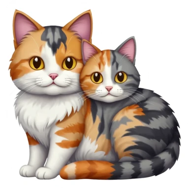 full body colourful light patched calico + white tabby cat cuddling a large dark grey and white tabby cat  sticker