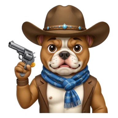 A bulldog wearing a cowboy hat, covering his mouth with a scarf so he wouldn't be recognized, pointing a revolver at you, telling you to hand over your money. sticker