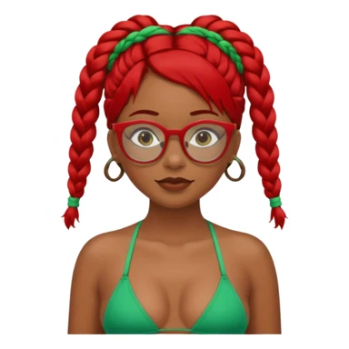 Dark Tan girl with two long red plaits and red rimmed  glasses, green bikini top,  head neck and shoulder shot only sticker