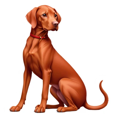 cinematic-[Vizsla-realistic-full-body-sitting-emoji,-tail-resting-loosely-beside-its-paws,-head-tilted-dramatically, -sleek-[red]-fur,-simplified-yet-realistic-focused-features,-highly-detailed,-glowing-with-an-almost-sarcastic-glow sticker