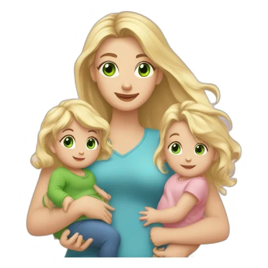 a girl with long blonde hair and green eyes, holding 1 little baby boy and 1 little baby girl, and a blonde toddler girl is standing nearby sticker