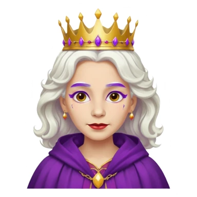 Queen with wavy white hair – golden crown, purple robe, red face paint mark sticker