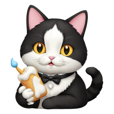 tuxedo cat eating a marshmallow sticker