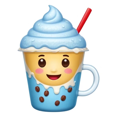 cute smiling shaved ice emoji character in a transparent MEGA COFFEE cup, topped with red beans and a tiny milk drizzle, round eyes, chubby cheeks, happy expression, minimal and expressive, LINE emoji style sticker