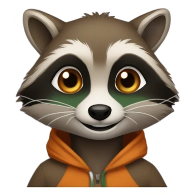 brown raccoon with orange eyes and a dark green hood that smile sticker