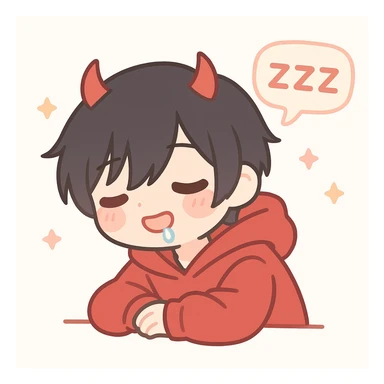 anime teenager with short emo black hair, red eyes, wearing a red hoodie and red devil horns, falling asleep leaning forward, drooling, with three ZZZ's horizontally in a speech bubble sticker