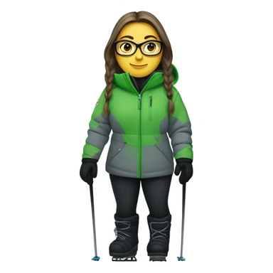 Green-eyed, fat female skier with long straight hair, glasses, grey snow jacket, long black pants, black only snow boots, wearing black skis standing tall. sticker