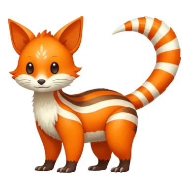 lush warm-colored Fakémon-Trico-creature (full body) with white cheek markings, white-striped tail sticker