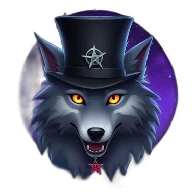 demonic wolf with a pentagram top hat and a pentagram chain with a haunting night background sticker