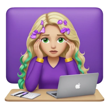 lady with long wavy blonde hair, purple top, green eyes, elbow on desk with hand on face, with a purple mac laptop tears rolling down her face as shes sick. sticker