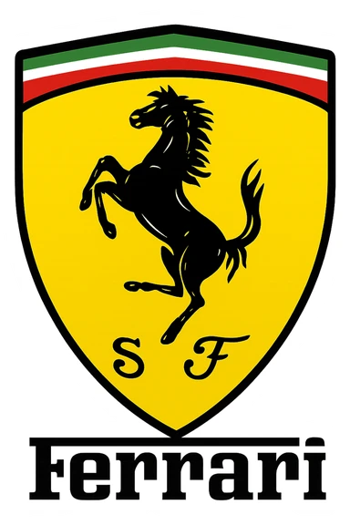 Ferrari logo, iconic prancing horse, yellow shield, red, black, and green accents, clean and bold, suitable for branding sticker