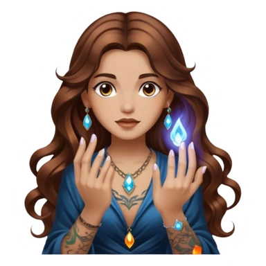 mystic woman long wavy brown hair tattoos lighting crystal with fingertip sticker