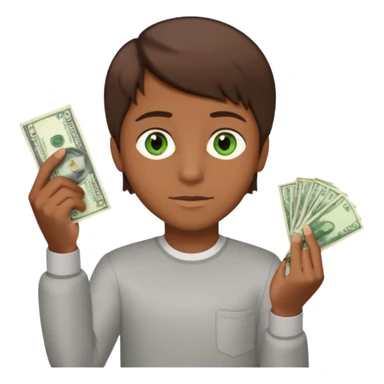 green eyes. handsome. young man. brown skin. brown hair. straight hair. short hair. white race. Holding money with his left hand sticker