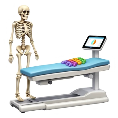 Medical DEXA scan showing bone density measurement, with skeleton visible and colored areas showing density levels sticker