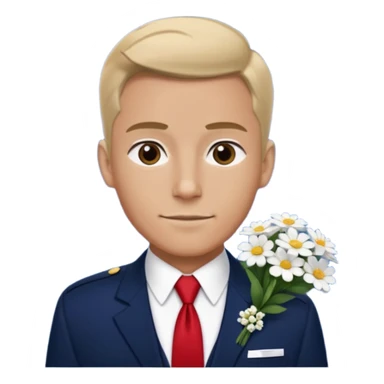 Homme avec bouquet fleurs blanches, avec uniforme bleu foncé cravate rouge, arabe raie sur le côté sans chapeau juste insigne sans bouton manchette et un peu bronzé sticker