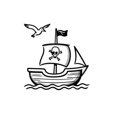 hand-drawn doodle style pirate ship with sketchy lines and playful flag sticker