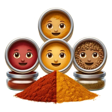 assorted loose spices three piles golden yellow deep red warm brown different textures side by side vibrant earthy colors no bowls jars tools faces clean 3D soft shadows transparent background emoji scale sticker