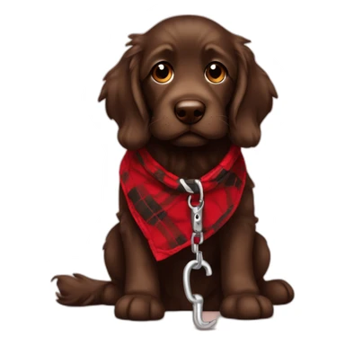 A chocolate colored doodle wearing a red and black flannel handkerchief holding his leash in his mouth sticker