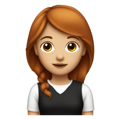 A girl with brownish red hair that has side bangs and a black top sticker