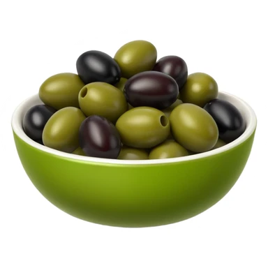 olives object icon, black and green olives in a small bowl, glossy look, 3D cartoon, mobile game icon style, clean background, no text, no watermark
 sticker