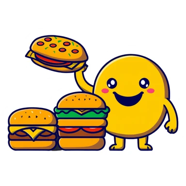 A fun food monster made of burger, pizza, and fries with cartoon eyes and a big smile sticker
