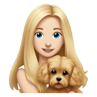 Blonde girl with very long straight hair and blue eyes is hugging a small caramel maltipoo sticker