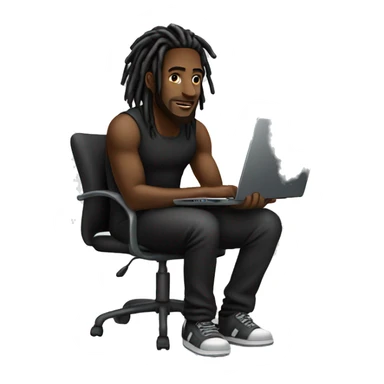 Black-guy-with-dreads-wearing-black-trackstuit-sitting-down-on-chair facing-foward-focused-on-laptop-computer- sticker