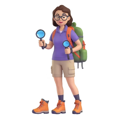 Very happy excited woman in her 40s with glasses wearing sporty outfit, hiking boots, and backpack, holding a magnifying glass sticker
