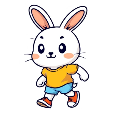 retro 1930s anthropomorphised rabbit in a t-shirt and shorts walking black and white sticker